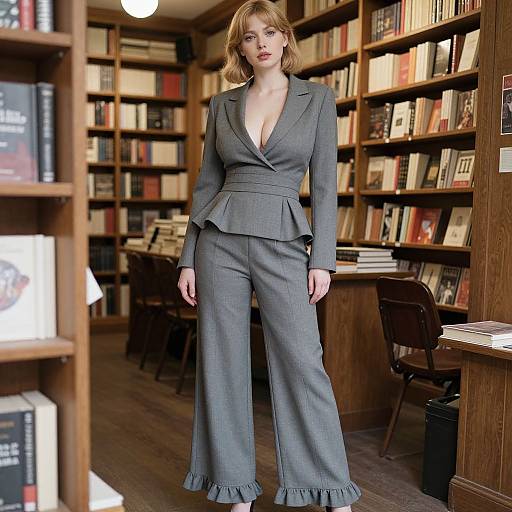 Photograph of a blonde woman in a deep V-neck, gray, tailored suit with flared pants and ruffle hem, standing in a wooden book