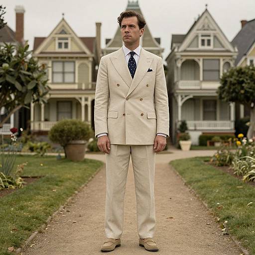 Photograph of a serious, middle-aged white man in a cream double-breasted suit, navy tie, and tan shoes standing on a pathway in front