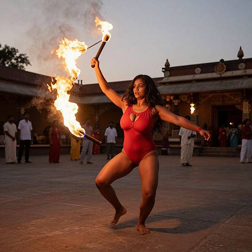 Photograph of a curvy, dark-skinned woman with long curly hair, wearing a red one-piece swimsuit, dancing with flaming batons,