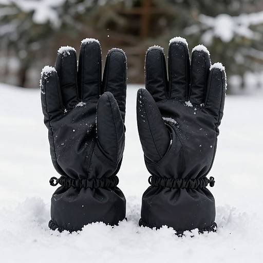 Photograph of two black winter gloves, snow-covered, standing in fresh white snow, with blurred evergreen trees in the background.
