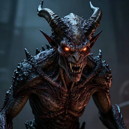 Photorealistic CGI of a menacing, dark-skinned demon with glowing orange eyes, sharp teeth, and twisted black horns, set against a dark,
