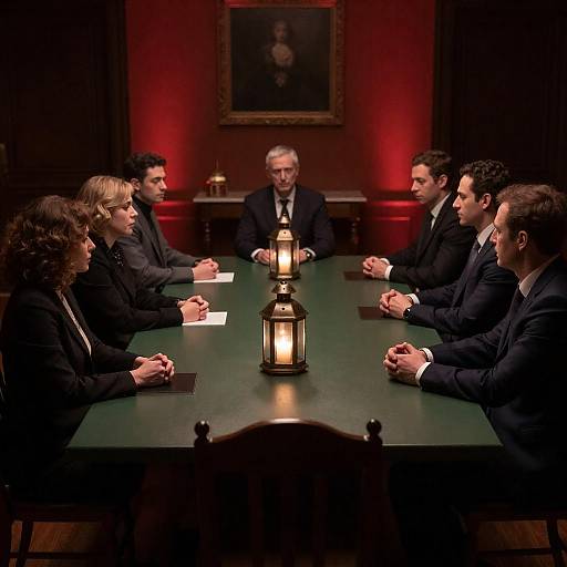 Mysterious Gathering Around Green Table