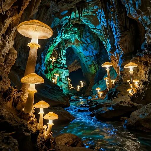 Photograph of a mystical cave illuminated by glowing, orange mushrooms, with vibrant blue-green bioluminescent light reflections on rocky surfaces.