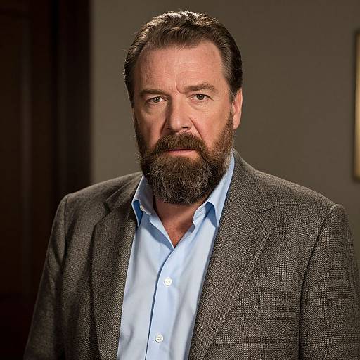 Photograph of a middle-aged white man with a full beard, dark hair, wearing a light blue button-up shirt and gray textured blazer, against