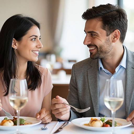 Smiling Couple Dining at Restaurant
