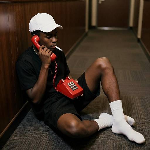 Dim Hallway Portrait with Retro Phone