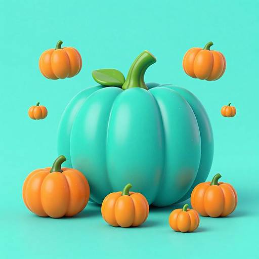 Bright digital illustration of a large blue pumpkin surrounded by floating and grounded orange pumpkins, all set against a vibrant cyan background.