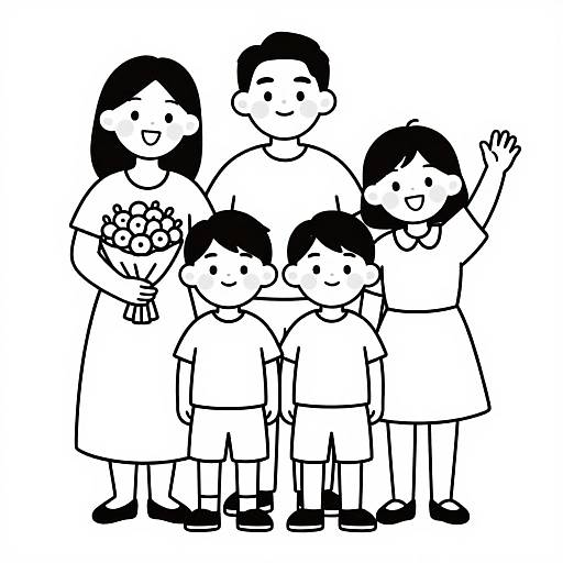 Black-and-white cartoon of a happy family: two mothers, one father, three sons, standing together, one waving, all smiling. Simple, cute