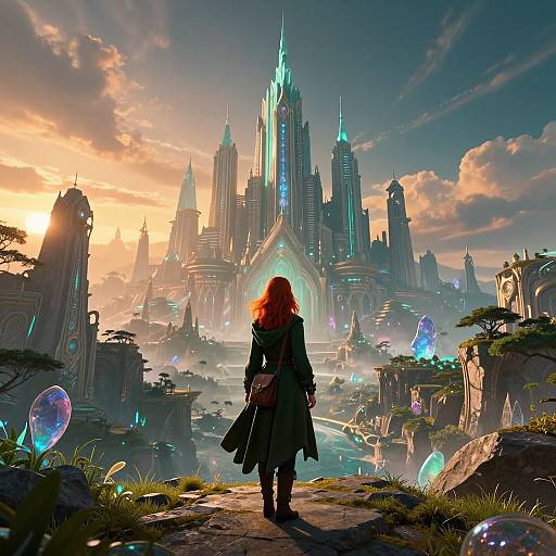 Digital art: Red-haired figure in dark coat gazes at a futuristic, glowing cityscape with towering spires, colorful crystals, and a sunset sky