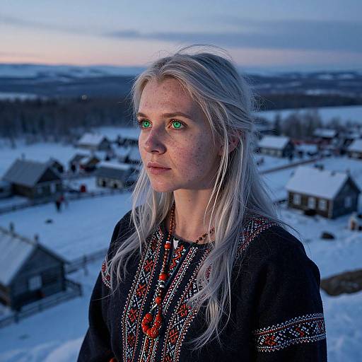 Photograph of a fair-skinned woman with long white hair, green eyes, wearing a black embroidered top, standing in a snowy village at twilight.