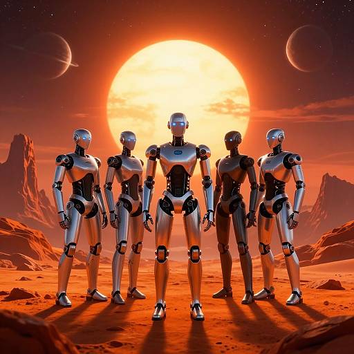 Digital artwork of five humanoid robots standing in a red desert landscape with a large sun, two planets, and rocky mountains. Bright, glowing, sci-fi