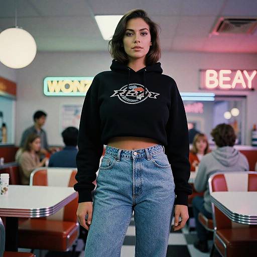 Photograph of a young woman with medium skin tone and dark, wavy hair in a black cropped hoodie and high-waisted blue jeans, standing