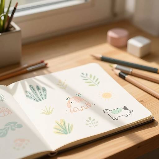 Photograph of a sunlit, open sketchbook with simple green and pink plant drawings, wooden desk, and two pens beside a pink eraser.