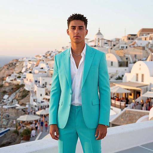 Photograph of a young man with short curly hair, wearing a light turquoise suit and white shirt, standing on a white balcony overlooking a sunlit,