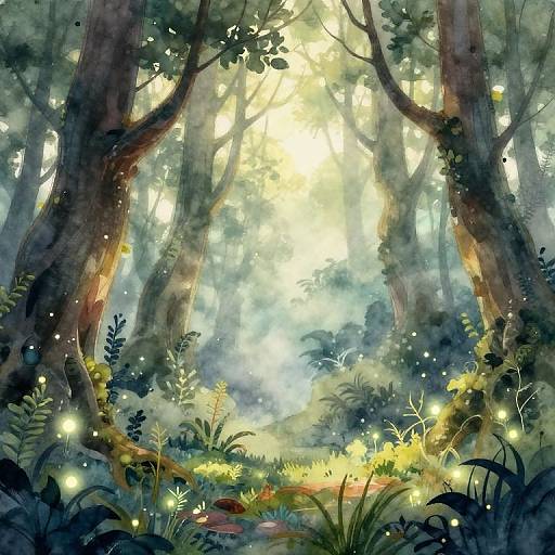 Digital painting of a magical forest with sunlight filtering through tall trees, glowing fireflies among lush greenery, and soft mist.