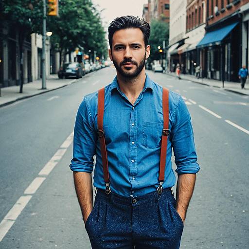 Man in Blue Shirt and Suspenders