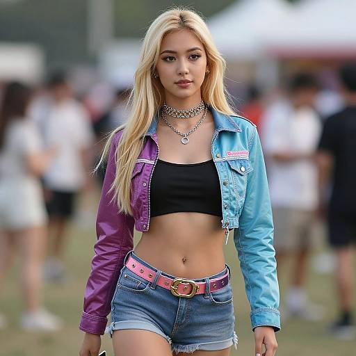 Photograph of a blonde woman with long hair, wearing a blue and purple denim jacket, black crop top, pink belt, and denim shorts, standing