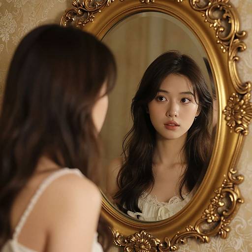 Photograph of an Asian woman with long black hair, wearing a white lace top, gazing at her reflection in an ornate, gold-framed