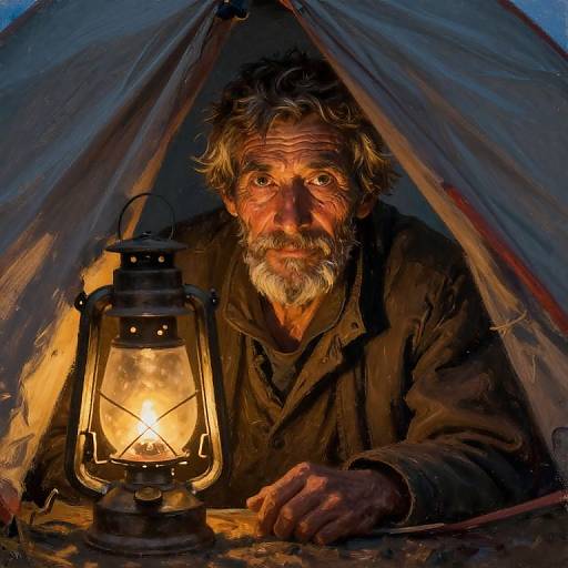 Photorealistic painting of an elderly, bearded man with a rugged face, illuminated by a glowing lantern inside a tent at night.