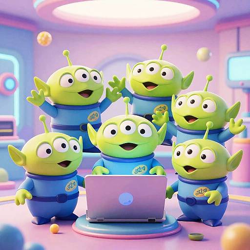 CGI cartoon image of six green, antennaed, wide-eyed aliens in blue uniforms, standing around a silver laptop, smiling and waving, in a