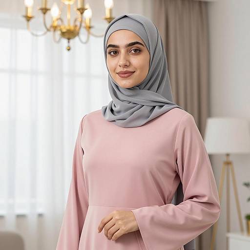 Young Woman Wearing Grey Hijab and Pink Dress Indoors