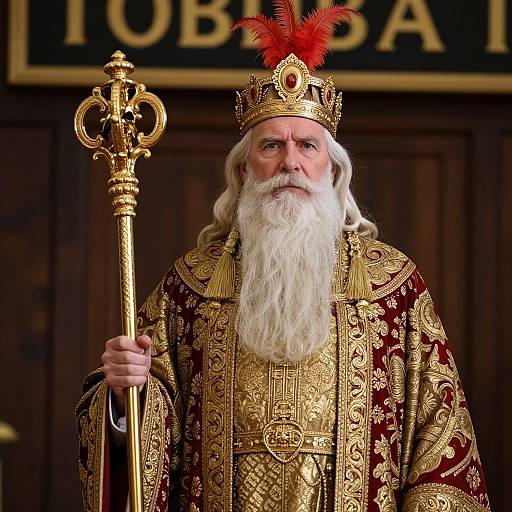 Photograph of an elderly white man with a long white beard, wearing an ornate gold and red royal robe and crown with a red feather, holding