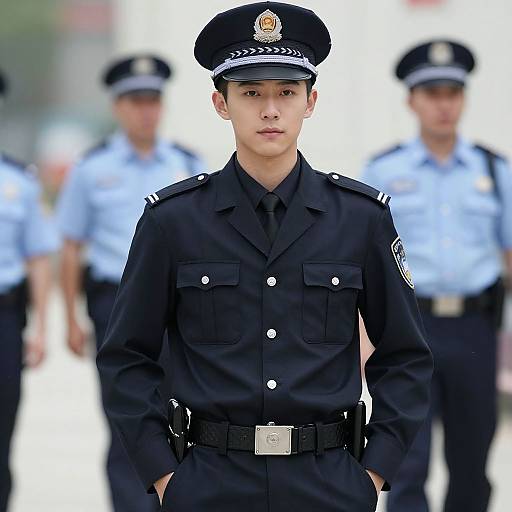 Photograph of an Asian male police officer in a black uniform and hat, standing in front of two blurred, light blue-uniformed officers.