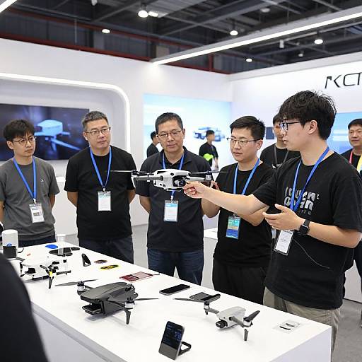 Photograph of five Asian men in black shirts and blue lanyards, standing around a white table displaying drones in a brightly lit, modern exhibition hall