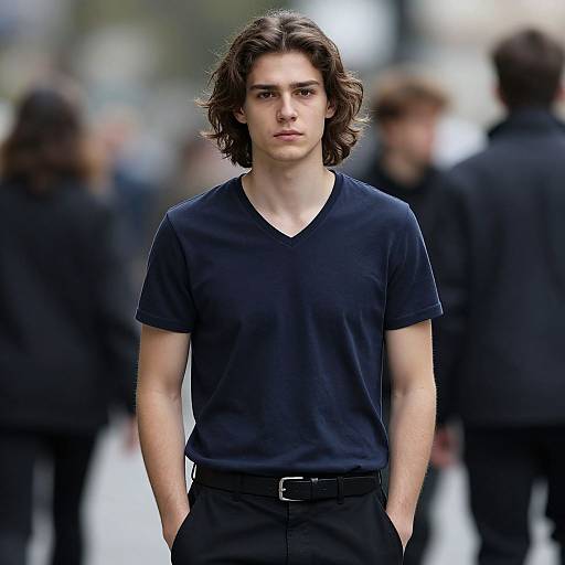 Photograph of a young, white male model with shoulder-length brown hair, wearing a black V-neck T-shirt and black pants, standing confidently on a