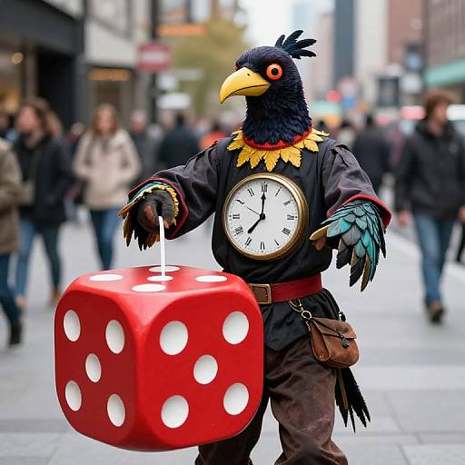 Photograph of a person in a bird costume with a yellow beak, black feathers, clock chest, and red dice, holding a drink, in