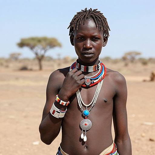 Photograph of a dark-skinned, topless young boy with dreadlocks, wearing colorful beaded jewelry, standing in a sunlit, dry,