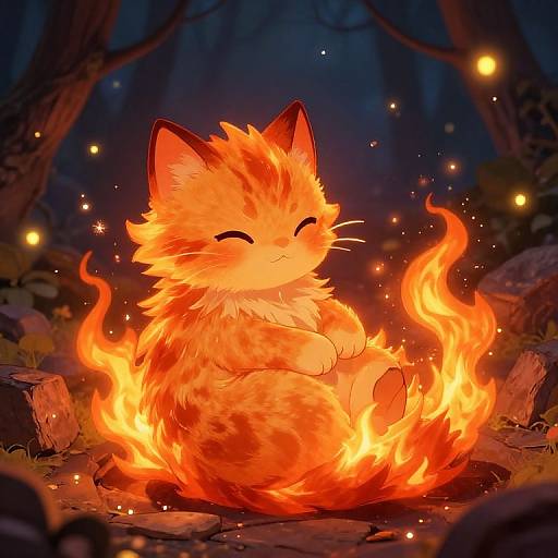 Cozy Fiery Cat in Magical Forest