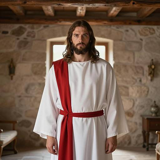 Man in Jesus Costume in Rustic Room