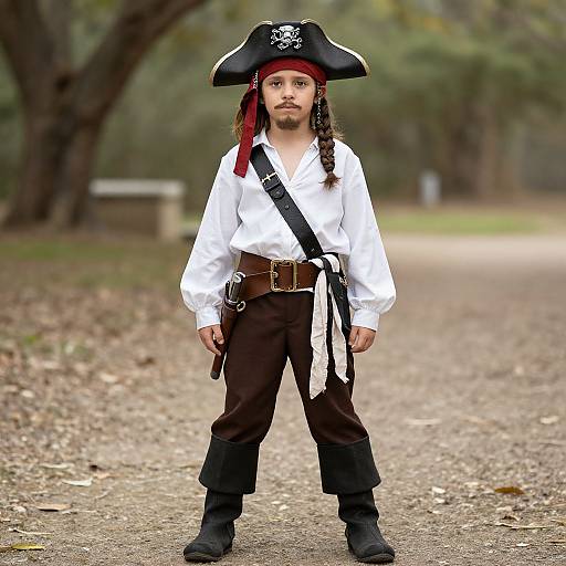 Photograph of a young boy dressed as a pirate, standing on a gravel path in a park, wearing a black tricorn hat, white shirt,