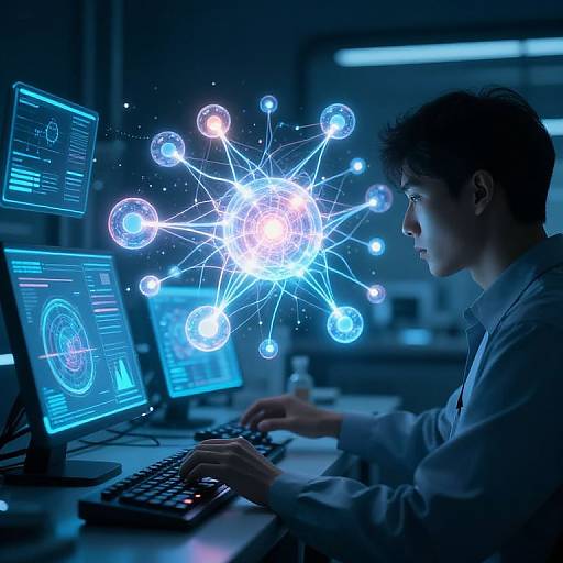 Photograph of a focused man in a blue-lit lab, typing on a computer, with a glowing, digital molecule network on screens.