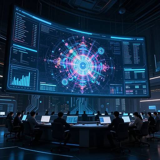 High-tech control room with silhouetted analysts, neon blue holographic display, data screens, and glowing interface in a futuristic setting.