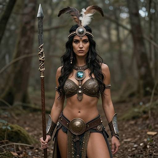 Photorealistic CGI of a fierce, dark-haired warrior woman in bronze armor, turquoise pendant, feathered headdress, holding a spear, standing in