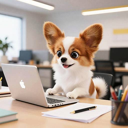 Papillon Dog Working on Laptop in Office