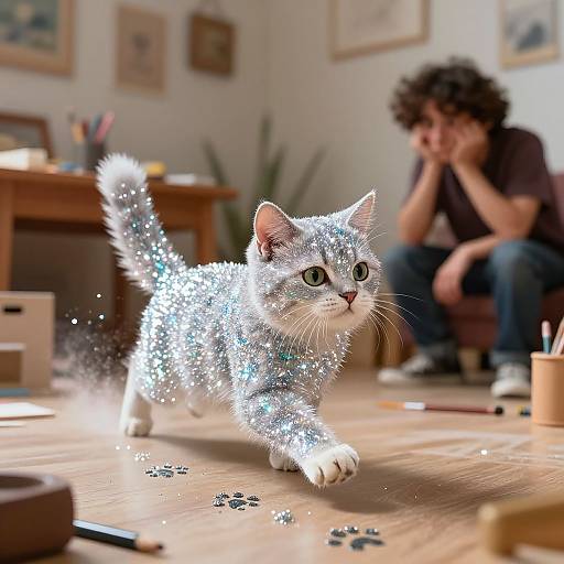 Photograph of a silver glitter-covered kitten with green eyes, walking on a wooden floor, with a curly-haired person sitting in the blurred background, surrounded