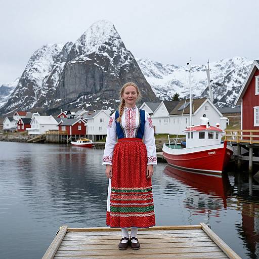 Photograph of a young woman in traditional Nordic dress, red skirt, white blouse, and blue vest, standing on a wooden dock with snow-capped
