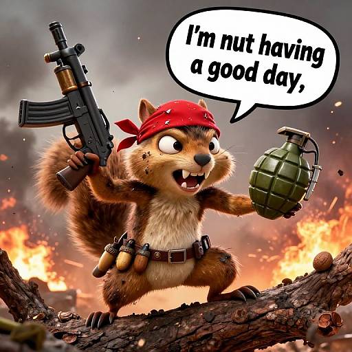 Digital cartoon of an anthropomorphic squirrel with a red bandana, holding a grenade and gun, standing on a tree branch during a fiery explosion, speech