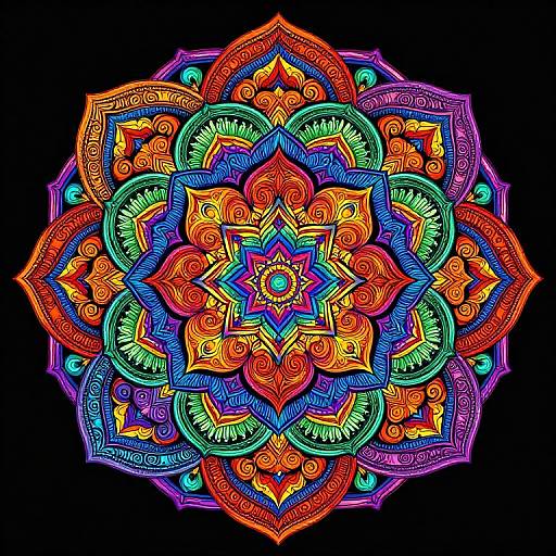Vibrant digital mandala with intricate, colorful patterns in neon orange, red, blue, green, and purple on a black background.