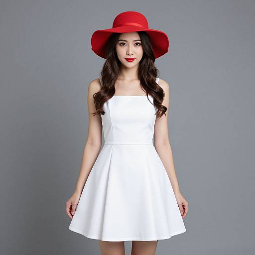 Photograph of an Asian woman with long black hair, wearing a vibrant red wide-brimmed hat and a simple white sleeveless dress, against a