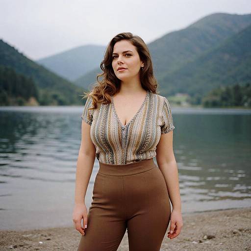Photograph of a confident, curvy brunette woman with wavy hair, wearing a patterned V-neck blouse and high-waisted brown pants,