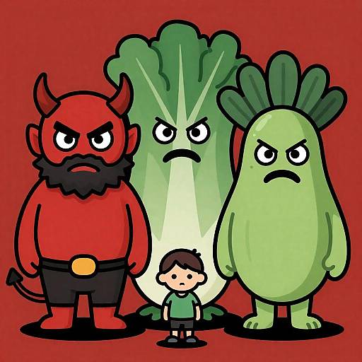 Cartoon Devil, Angry Vegetable Monsters, Scared Child
