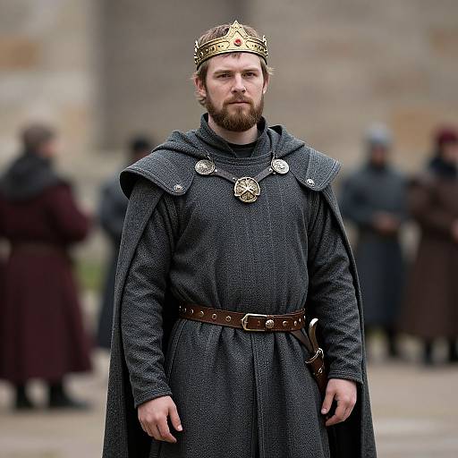 Photograph of a bearded man in medieval king attire, wearing a gold crown, dark cloak, and belt, standing outdoors with blurred background and other