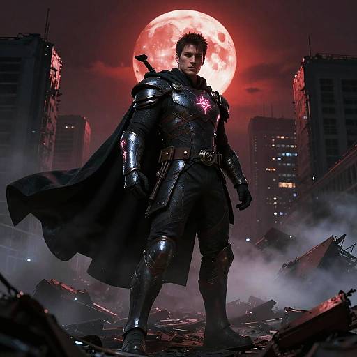 Digital artwork of a muscular, armored superhero with a red glowing emblem, standing confidently in front of a red moon, amidst a ruined cityscape with dark