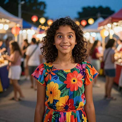 Photograph of a smiling young girl with curly brown hair wearing a vibrant floral dress at a nighttime outdoor market, surrounded by blurred, brightly lit stalls and