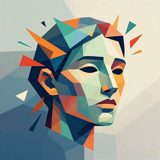 Geometric digital portrait of a face with sharp, colorful triangles in blue, orange, white, and teal, creating a modern, abstract style.