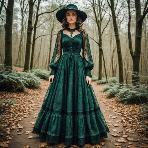 Woman in Dark Green Vintage Dress in Forest